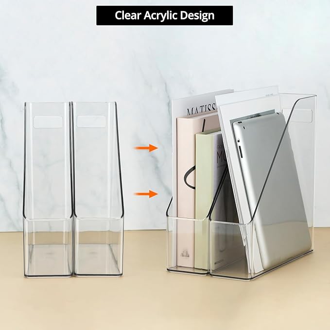 QWORK Clear Acrylic Magazine File Holder, 2 Pcs, 10.24” X 9.45” X 3.54”, Reliable and Sturdy