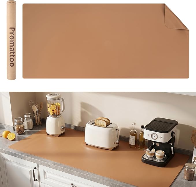1.6mm Thick Leather 18x54 Inch Non-Slip Mat, Waterproof Countertop Protector, Kitchen Island Counter/Dinner Table Mat, Caramel Brown