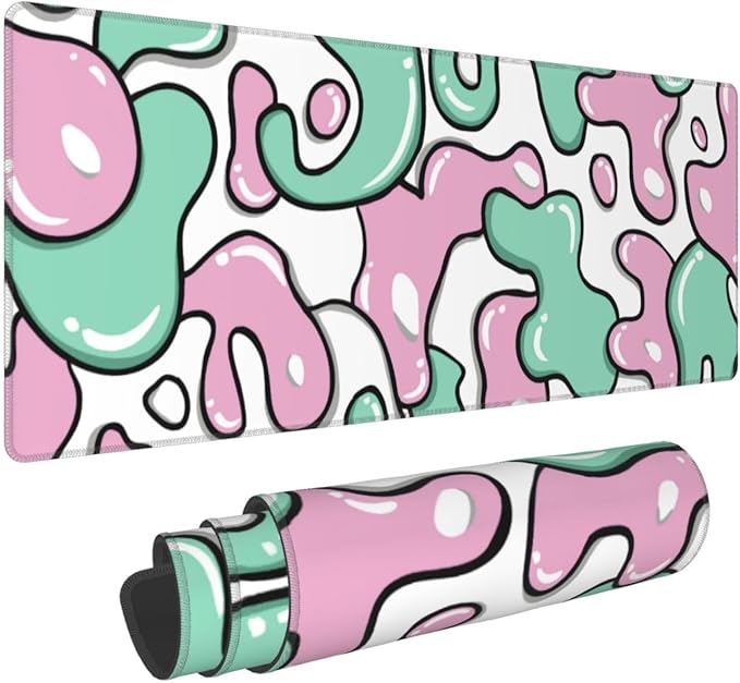 Pink Green White Mouse Pad 35.4”x15.7” Anime Cool Geometric Japanese Desk Mat Extended XXL Mouse Pad Non-Slip Rubber Base Stitched Edge Keyboard Mouse Mat Laptop Desk Pad Large for Working