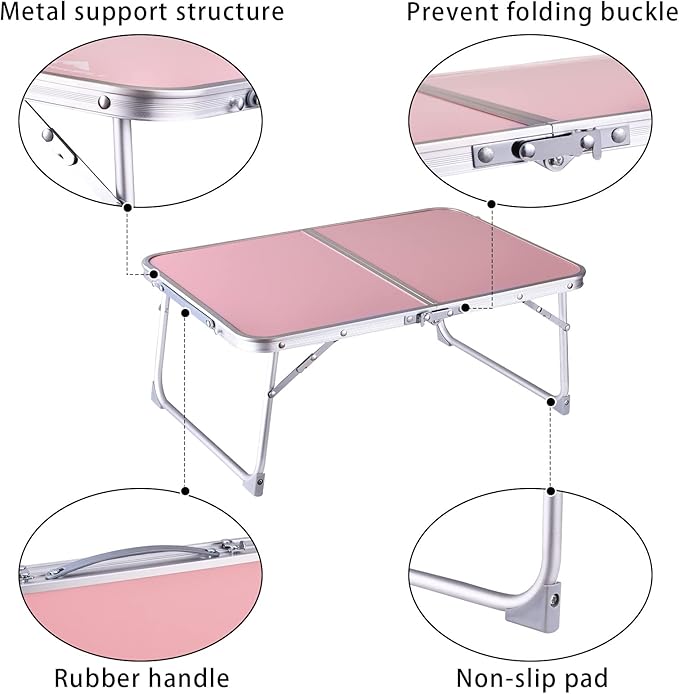 Foldable Laptop Table with Hidden Storage, Portable Bed Tray with Folding Legs for Studying, Reading, Working, Breakfast and Picnic, Lap Desk for Sofa, Couch, Floor & Outdoor Use (Pink)