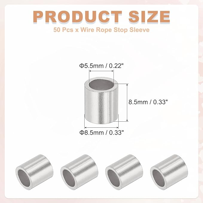 uxcell 3/16"(5mm) Aluminum Crimping Loop Sleeve, Wire Rope Stop Sleeve Round Crimp Ferrules for Wire Rope and Cable Ferrule, Silver 50Pcs