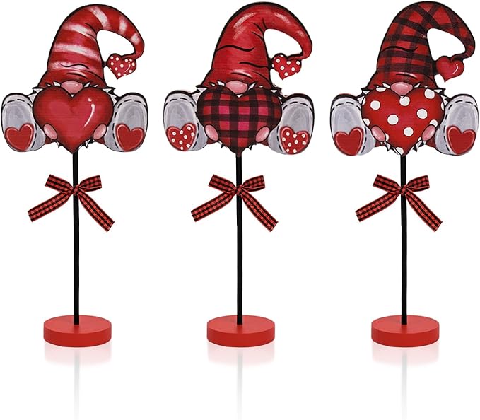 Smile Valentine's Day Gnome - Themed Wooden Block Decor Set with Red Bases and Ribbon Accents, Valentine Indoor Decoration Gift Box