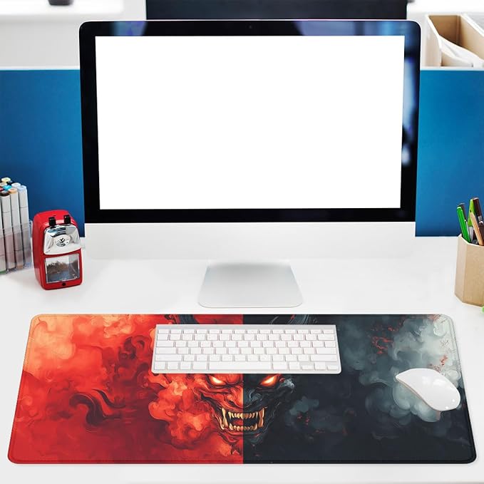 Cartoon Demon Mouse Pad Red Black Evil Japanese Ghost Face Extended Keyboard Mouse Mat for Computer Office, Big Laptop Mouse pad, Gaming Pc 31.5x11.8 in