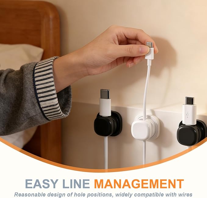 Cord Organizer Holder，2026 New Rotatable Desk Cable Managemen，Adhesive Wire Cable Clips Management Kit for Phone Charger, Home, Computer, Desk, Nightstand，Office (White (6pack))