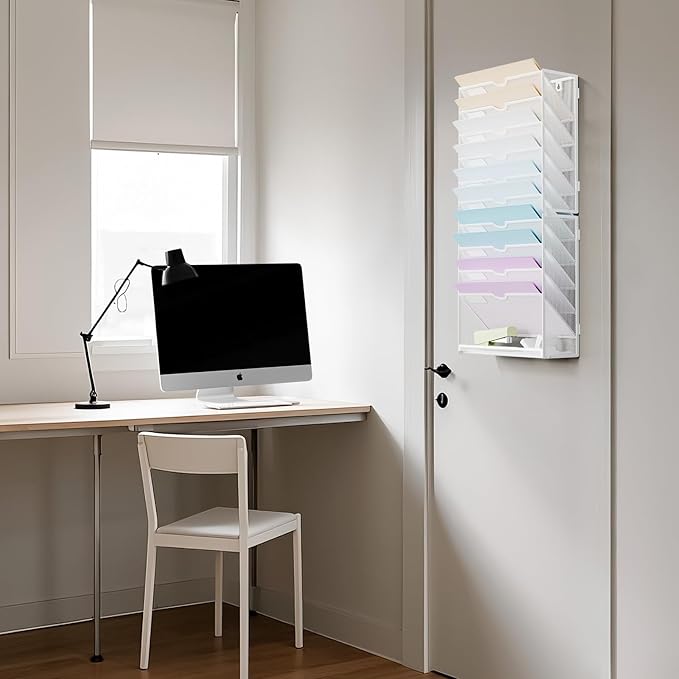 Marbrasse Wall File Holder 11-Tier Hanging Wall File Organizer, for Papers, Files Clipboard & Magazine Organizer, Wall Mount File Holder Great for Office Home (White)