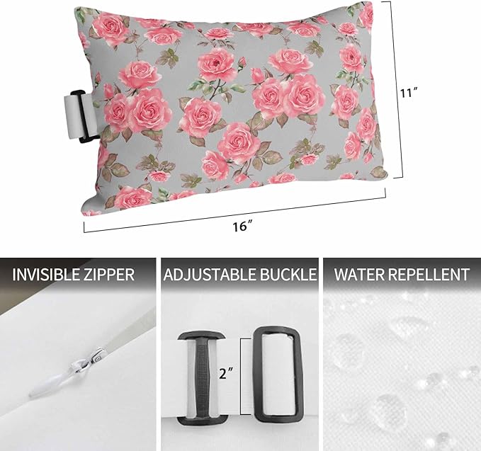 Outdoor Pillows with Insert 1 Pack-12"x20" Spring Summer Pink Rose Floral Vintage Head Pillow for Pool Lounger and Office Chair Lumbar Pillow with Adjustable Strap