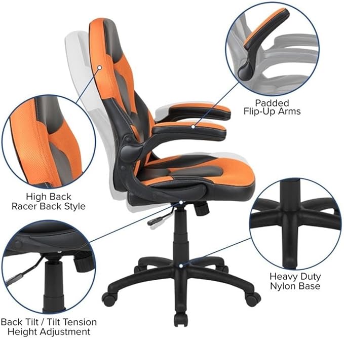 BOWERY HILL 2 Piece Z-Frame Gaming Desk Set, 51.5" W x 23.75" D Desk, Red and Orange Finish, Black Laminate Top, Detachable Cup Holder and Headset Hook, Ergonomic Chair, Contemporary Gaming Setup