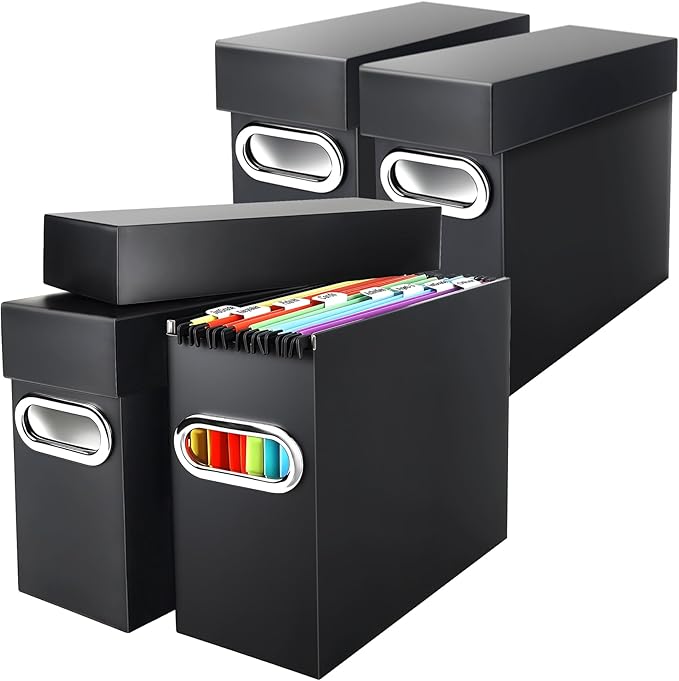 File Organizer Box with Lid & Handle, Heavy Duty Hanging File Folder Storage Boxes for Letter Size, Portable Filing Organizer for Office, Home, Classroom, Black 4 Pack