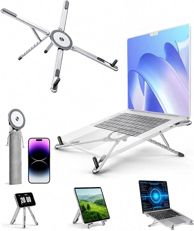 miley Portable Foldable Laptop Stand for Desk,Foldable Ergonomic,8-Level Height,with 13–17" Laptops,Aluminum Construction,Tripod Compatible,Portable with,Includes Storage Bag (Silver)