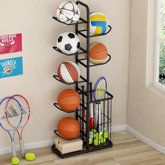 7-Ball Sports Equipment Storage Rack with Ball Holder and Basketball Rack, Athletic Gear Organizer ball Stand - Organize Toys, Sports Gear and More, 57.5" (Black)