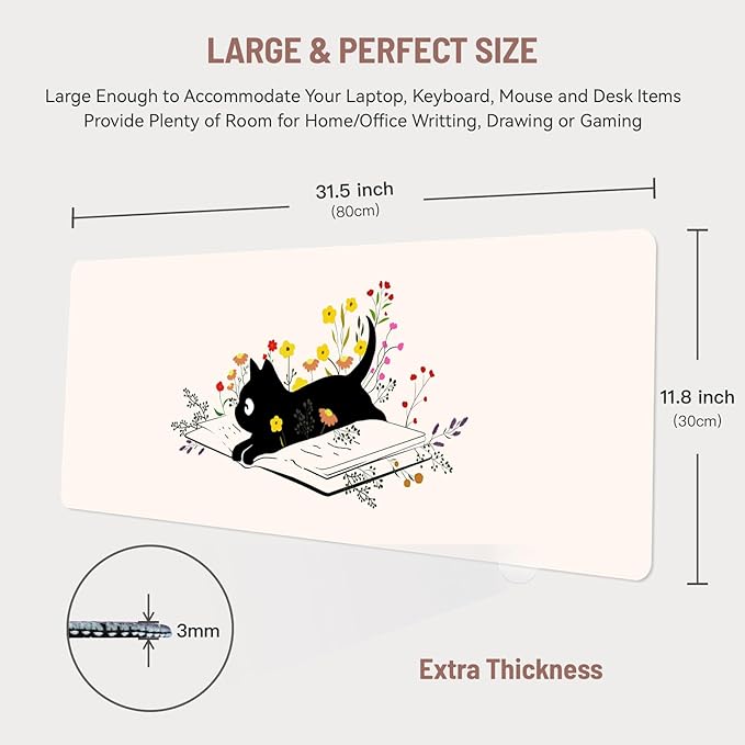 Mousepad Desk Mat Gaming Large Keyboard Cute Office Desktop Computer Laptop XXL Long Big Kawaii Aesthetic Girly Pretty Design Women Girl Gamer Oversized Wide 30x12'' Mousepad, Cat Book