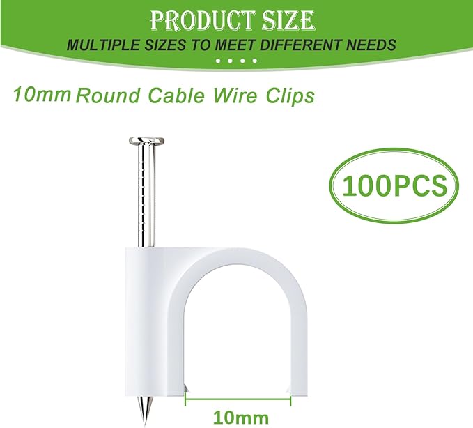 mxuteuk 100PCS Cable Clips with Steel Nails,10mm Round White Cable Wire Clips,Wall Clips for Cords,Cable Cord Clips for RG6 RG59 CAT6 RJ45