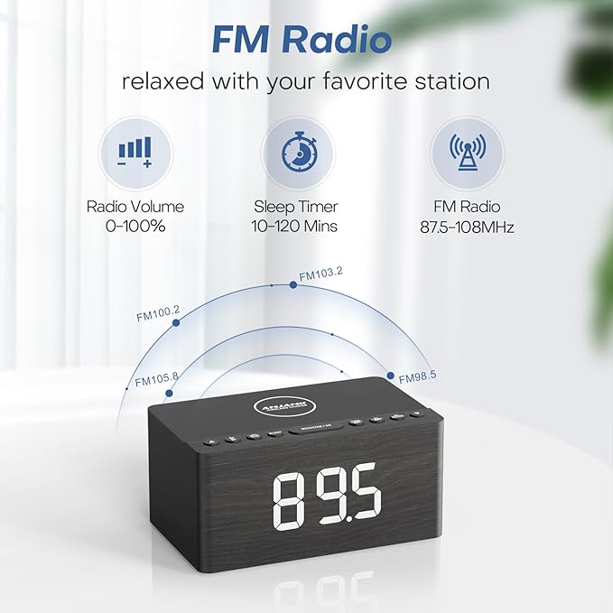 ANJANK Wooden Bluetooth Speaker Alarm Clock with Fm Radio, Wireless Charging Station for iPhone/Samsung, USB Charger Port, Dimmable Display, Sleep Timer, Digital Wood Bedroom, Bedside Grey+bluetooth