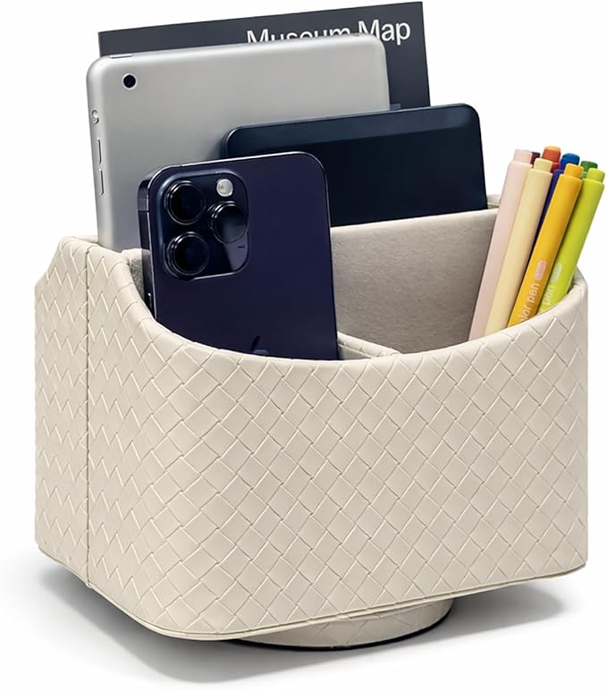 UnionBasic Rotating Desk Organizer, 360 Desk Spinning Caddy, Desktop TV Guide/Mail/Media/Remote Controller Holder Organizer, Woven Beige