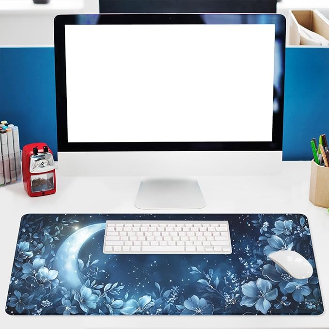 Crescent Mouse Pad Blue Silver Gem Flowers Crescent Stars Mousepad Extended Large Laptop Keyboard Non-Slip Rubber Base with Stitched Edges for Home 31.5x11.8 in