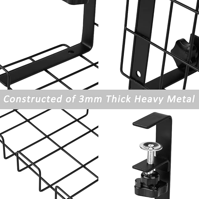 Under Desk Cable Management Trays 2 Pack, 16" Clamp Mounted Cord Organizer Holder Wire Organization No Drill Holes Needed for Computer Home Office Standing Tables to Conceal Power Strips