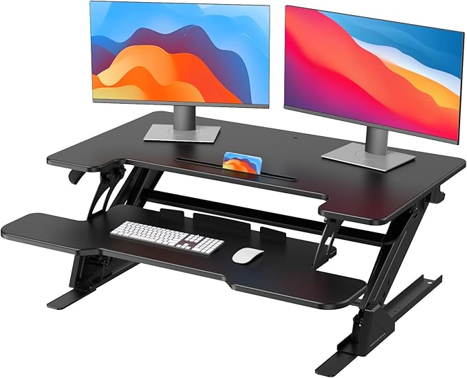 HUANUO 36" Z Shaped Stable Standing Desk Converter, Height Adjustable Sit Stand Up Desk Riser, Dual Monitor and Laptop Workstation with Wide Keyboard Tray, Desk Lifter for Home Office,Black