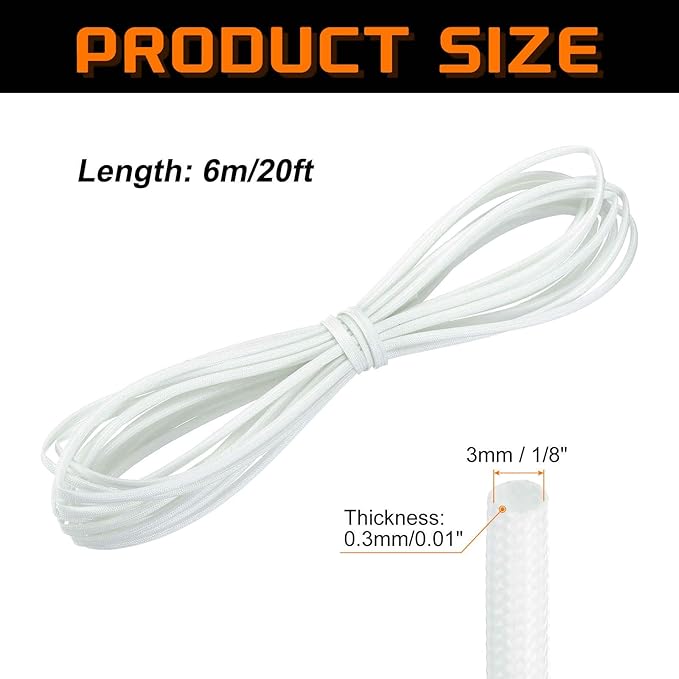MECCANIXITY 20ft Braided Cable Sleeve, 1/8" ID 200C Heat Resistant 1500V Fiberglass Wire Insulation Cord Protector Organizer Wires Management for Motor Engine Fuel Line, White