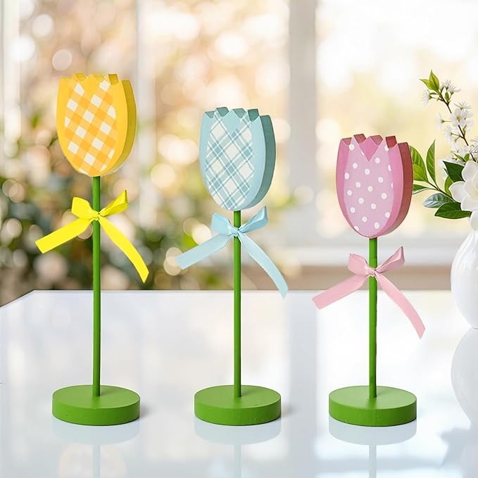 Smile 3Pcs Spring Tulip Wooden Signs - Rustic Farmhouse Floral Tabletop Insert Decor, Colorful Plaid Floral Block Tabletop Plaques for Home Decor