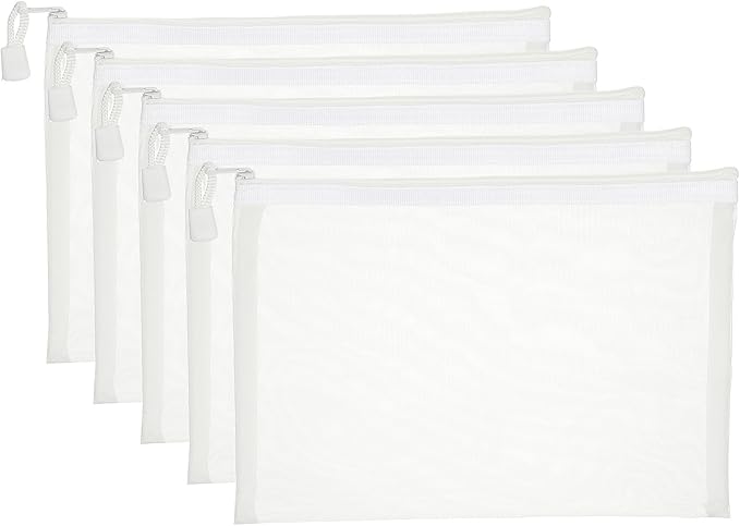 PATIKIL A5 Mesh Zipper Pouch Bags, 5 PCS Mesh Bags with Zipper Plastic Storage Pocket for Organizing File Beads Office Home Supplies, 18x25cm, White