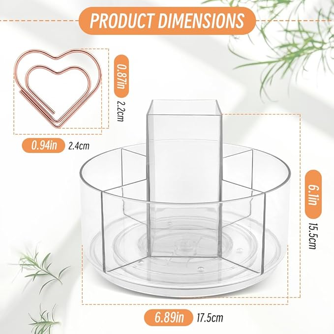 HONUTIGE Acrylic Desk Organizer Clear, 360 Degree Rotating Pen Organizer Large Pen Holder with Mini Paper Clips Stationery Supplies Marker Holder Art Supply Storage Organizer 5 Compartments