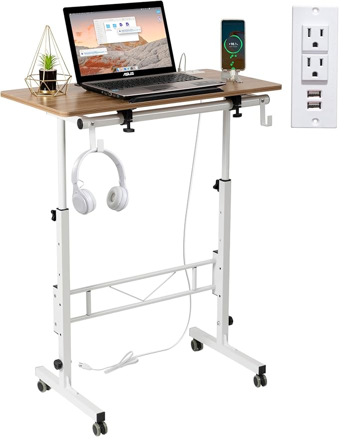SIDUCAL Small Standing Desk with Charging Station, Portable Stand Up Desk for Walking Pad & Treadmill, Mobile Computer Workstation Adjustable Height, Tilted Desktop, 31.5” Vintage Oak