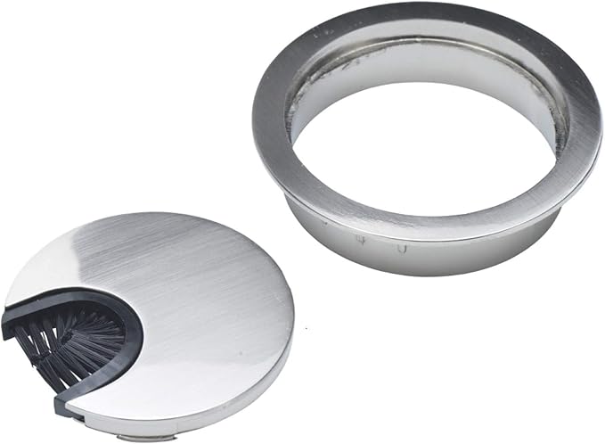 Satin Nickel Metal Cable Grommet | 2 Piece "Lock in" Feature with "Brush" Opening for Management of Office & Computer Desk Wires | 60mm (2 3/8") Hole Opening | 1 Pack