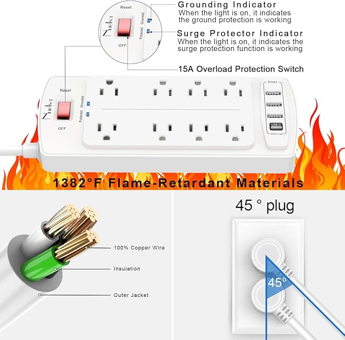 Surge Protector Power Strip - Nuetsa Flat Plug Extension Cord with 8 Outlets and 4 USB Ports, 10 Feet Power Cord, 2700 Joules, ETL Listed, White