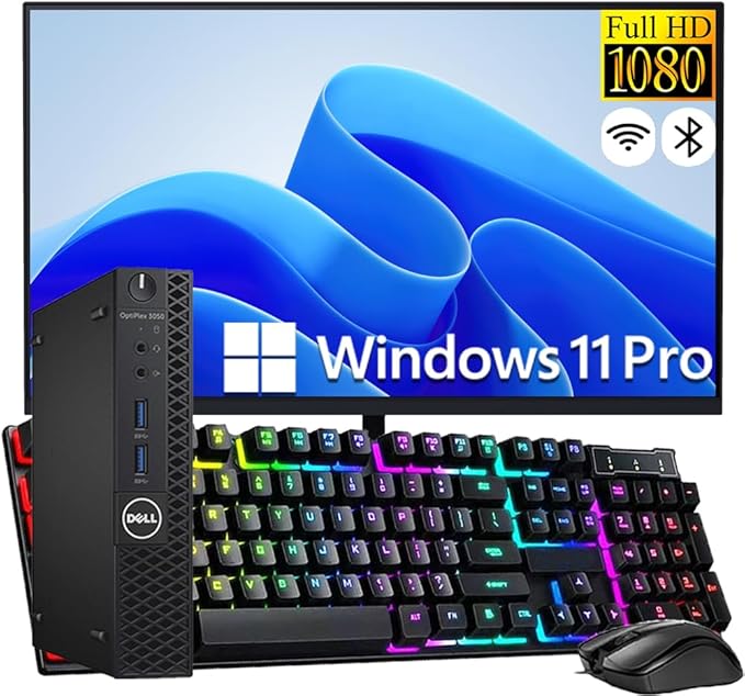 Dell Optiplex 3050 Mini Desktop Computer PC, 27" Full HD Monitor, Intel Core i7-7700T, 8GB DDR4 RAM, 256GB SSD, Keyboard & Mouse, Windows 11 Pro (Renewed)
