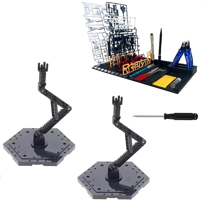 4-Piece Set Model Kit Display Stand and Runner Storage System with Action Base, Suitable for storing various tools,Suitable for Model Stand and HG, MG and RG Model Character Display Stand，Black.