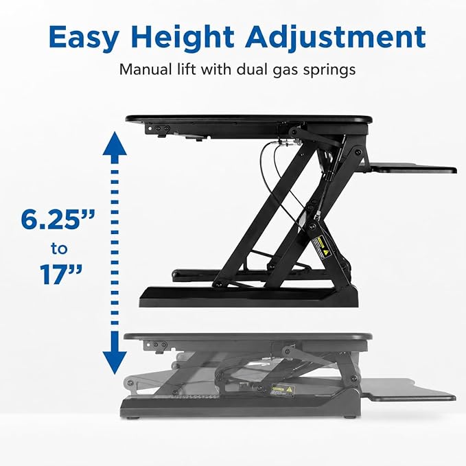 Mount-It! 35.5" Standing Desk Converter with Keyboard Tray – Adjustable Sit Stand Desk Riser for Dual Monitors – Dual Gas Spring Height Adjustable Desktop Workstation Topper – Black
