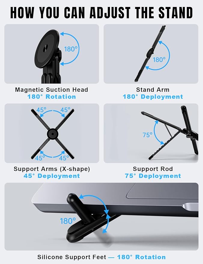 Magnetic Phone Stand & Foldable Laptop Riser, Matte Black Multi-Device Aluminum Desk Mount, N52 MagSafe Tripod Grip for Travel Office, Ergonomic Elevator for MacBook, iPad & iPhone