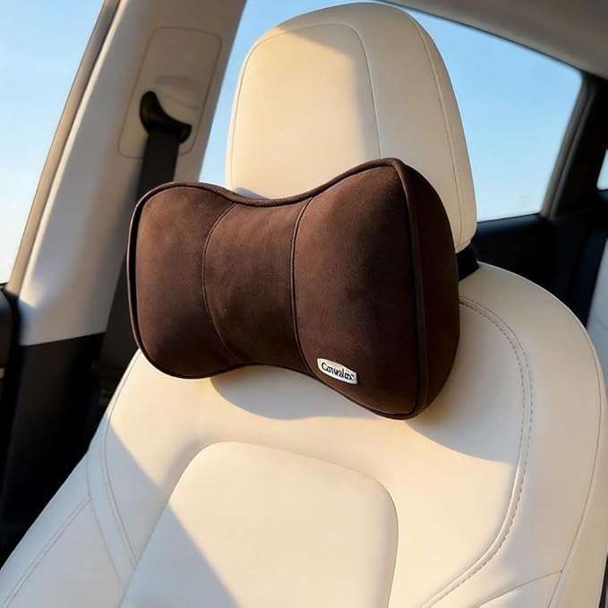 Carwales Car Neck Pillow for Travel Recliner Headrest Cushion Couch Office Chair Memory Foam Lower Back Support Lumbar Pain Relief Ergonomic Design Extension Adjustable Strap Driving Brown 1 Pack