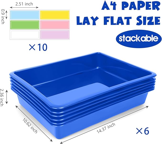 ShineMe 6 Pack Paper Trays for Classroom, Blue Plastic Book Bins with Colorful Labels, Stackable Letter Size Storage Tray, Desk Organizer Tray for Home, School and Office