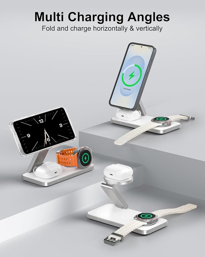 3-in-1 Magnetic Wireless Charging Station for Samsung, Qi2 25W Fast Charger Stand Compatible with MagSafe for Galaxy S26/S25/S24/S23/Z Fold/Flip, Watch Ultra/8/7/6/5 & Buds, with 35W Adapter-White
