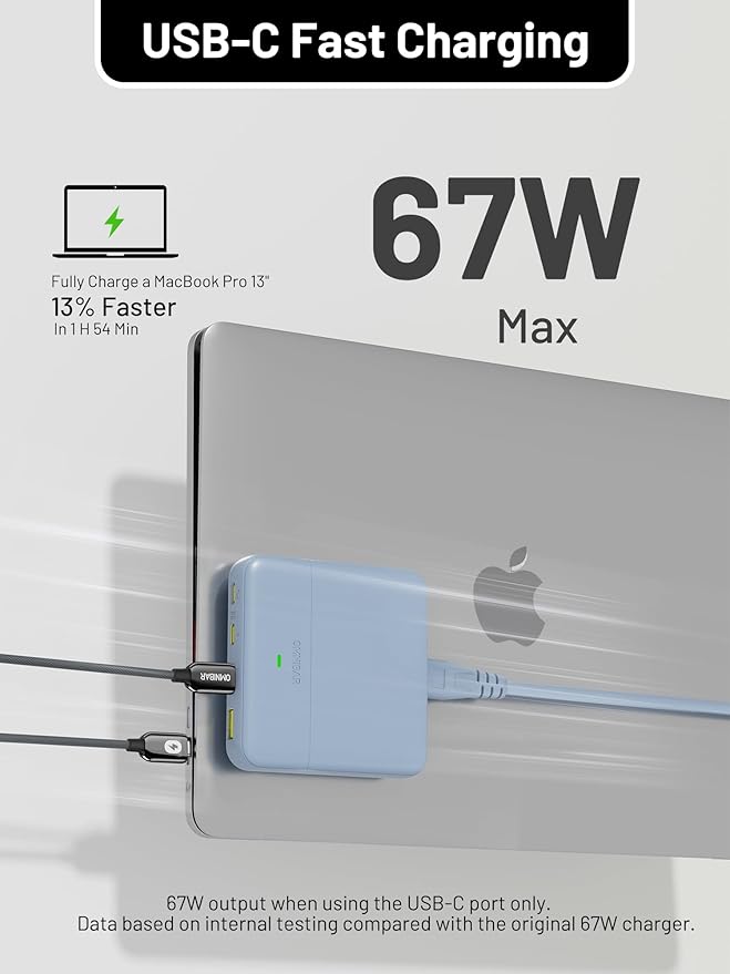 USB C Charging Station 67W, 4-Port Slim USB C Charger Block for iPhone 17/16/15, MacBook Air/Pro with 5ft Extension Cord, 3 USBC, 1 USB-A, Fast Charging Desktop Charger for Home Office Travel, Blue