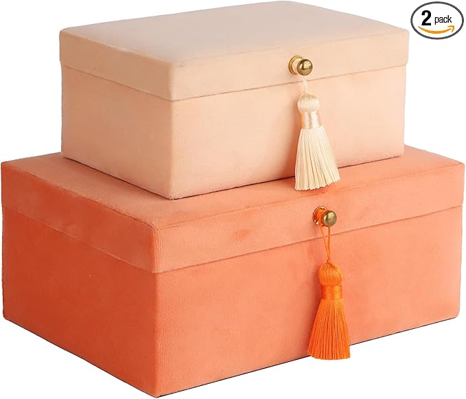 HofferRuffer Velvet Jewelry Boxes Decorative Boxes, Storage Accessory Organizer Boxes with Elegant Handle Decor, Classic Velvet Set of 2 Pieces (Orange)