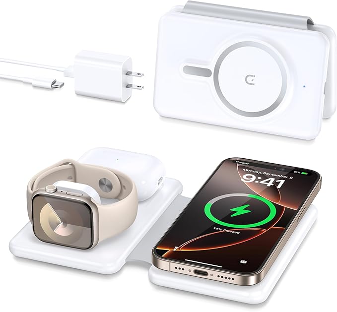 Magnetic Wireless Charger for iPhone: 3 in 1 Travel Charging Station for Apple Devices for iPhone 17 Air 16 15 14 13 12 Pro Max Plus - Foldable Charging Pad for Apple Watch Series & Airpods 4 3 2 Pro
