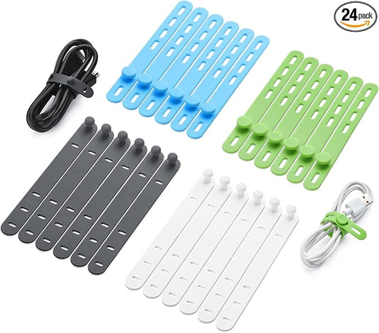 24 Pcs Silicone Cable Ties, Cord Organizer Ties, Cord Ties Reusable, Cord Wrap Cable Organizer 5Inch Cable Management (4 Color) Cbfoeyk