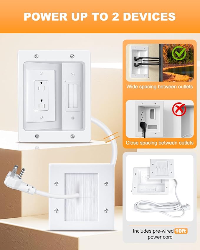 in Wall Cable Management Kit with Recessed Outlet Box, Two-Hole Socket, 10ft Power Cord, Hide TV Cords for Wall Mount TV and Home Theater, Fits All Standard Plugs, Easy, Safe Cable Management