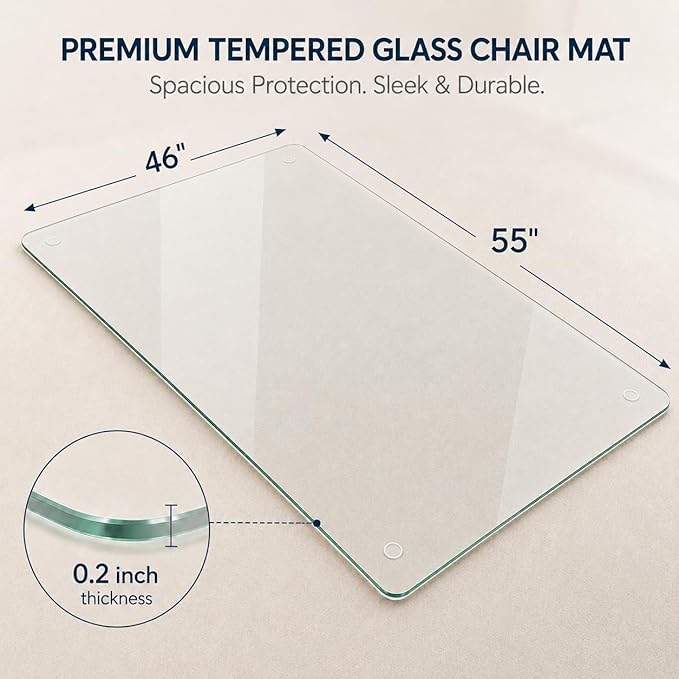 46 x 55 Inch Glass Chair Mat, 1/5 Inch Thick Tempered Glass Office Chair Mat for Carpet and Hardwood Floors, Heavy Duty Clear Floor Protector with Polished Edges and 8 Non-Slip Pads