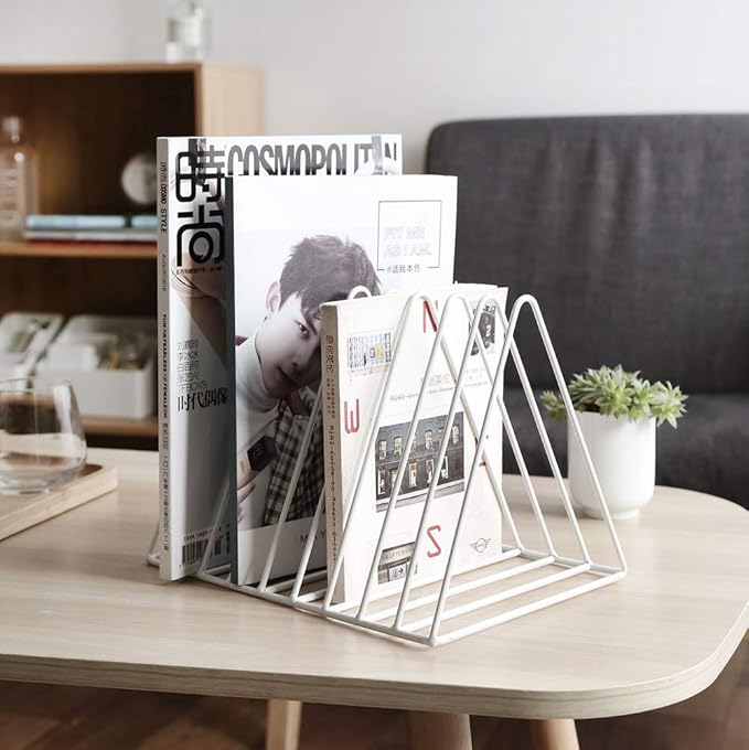 Sooyee 9 Slot White Magazine Holder, Desktop File Sorter Organizer Triangle Bookshelf Decor for Home Office, Iron Wire, 10.2" L x 7" W x 6.9" H