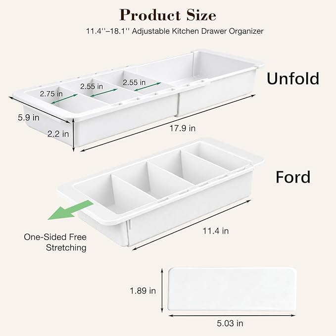 Expandable Measuring Cup Organizer & Measuring Spoon Organizer for Deep Drawers, 11.4''–18.1'' Adjustable Kitchen Drawer Organizer with 3 Dividers, Space-Saving Flatware Bin for Home & Kitchen
