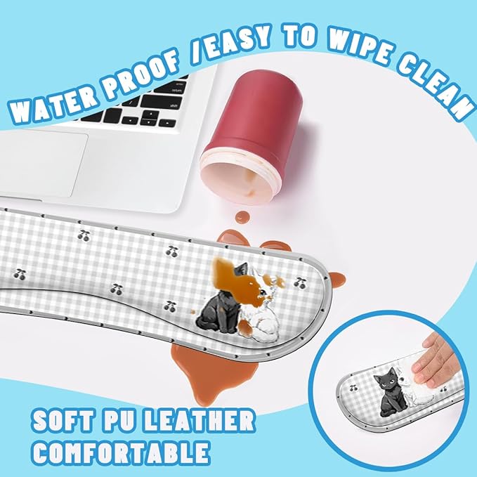 Cute Cat Desk Mat Set Gingham Cherry Cartoon Kitten Large Mouse Pad with Wrist Rest 4in1 Desk Mat for Desktop Ergonomic Computer Desk Arm Wrist Anti-Slip Computer Mouse Pad Home Office Gaming