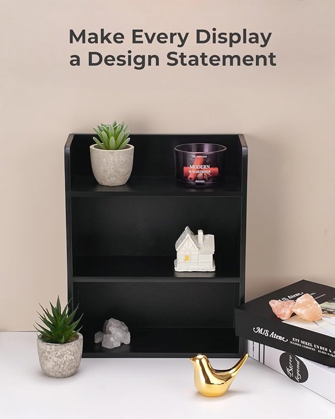 3-Tier Trinket Shelf, 10" x 12" Small Display Shelf for Desk or Wall, Wooden Knick-Knack Shelves for Collectibles, Perfume & Crystal Storage, Black