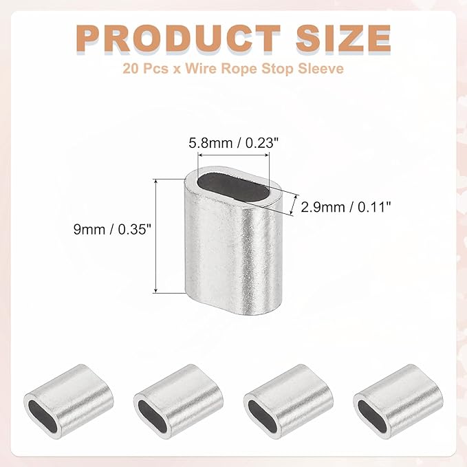 uxcell 1/8"(2.5mm) Wire Rope Stop Sleeve, 304 Stainless Steel Cable Wire Rope Crimping Loops Sleeve Ferrules for Cable Ferrule, Silver 20Pcs
