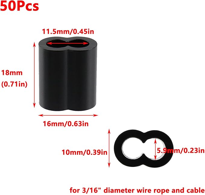 Antrader Aluminum Crimping Loop Sleeve,3/16" Cable Crimps Wire Ferrules for Crimping Wire Rope Cable,50Pcs,Black (M5)