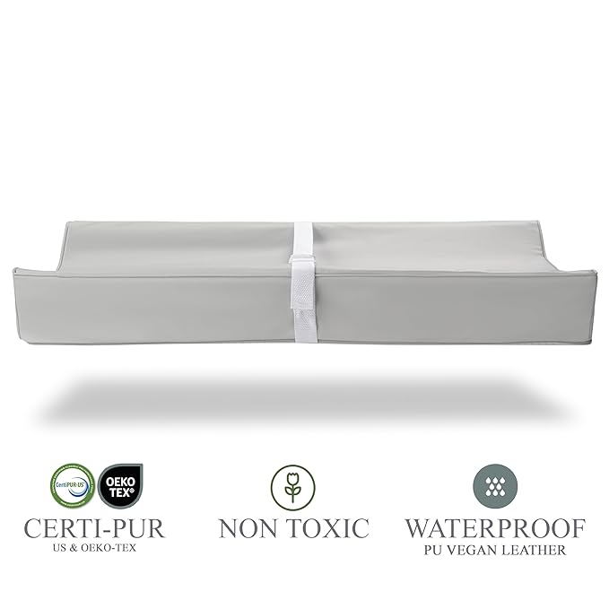 Vegan Leather Contoured Baby Changing Pad | Waterproof & Wipe-Clean PU Leather Diaper Change Mat, Soft, Wipeable Cover, Safety Strap, Non-Slip Bottom, Topper for Standard Infant Diaper Table & Dresser