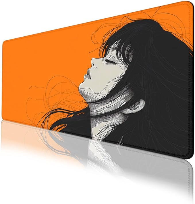 Anime Girl Aesthetic Mouse Pad, Minimal Line Art Portrait Gaming Desk Mat with Stitched Edges,Non-Slip Waterproof Rubber Base Mouse Mat, 31.5x11.8in Desk Home Office Gaming
