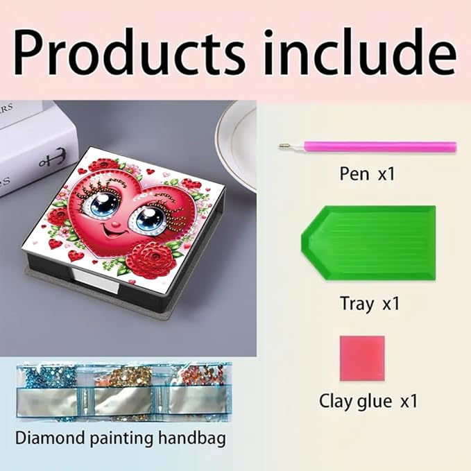 FRANDEK Heart-Shaped Roses Diamond Art Note Box DIY Set, Sticky Notes Holder with 160 Refills, Love Theme Desk Organizer Gift for Valentine'Day Anniversary Romantic Office & Home Decor